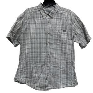 Eddie Bauer Shirt L Gray White Brown Plaid Button Up Short Sleeve 100% Cotton